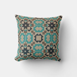 Beige Teal Black Geometric Mosaic Distressed Outdoor Pillow