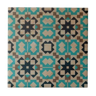 Beige Teal Black Geometric Mosaic Stone-Look Ceramic Tile