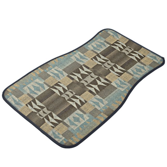 Beige Teal Blue Green Taupe Brown Tribal Art Car Floor Mat (Angled)
