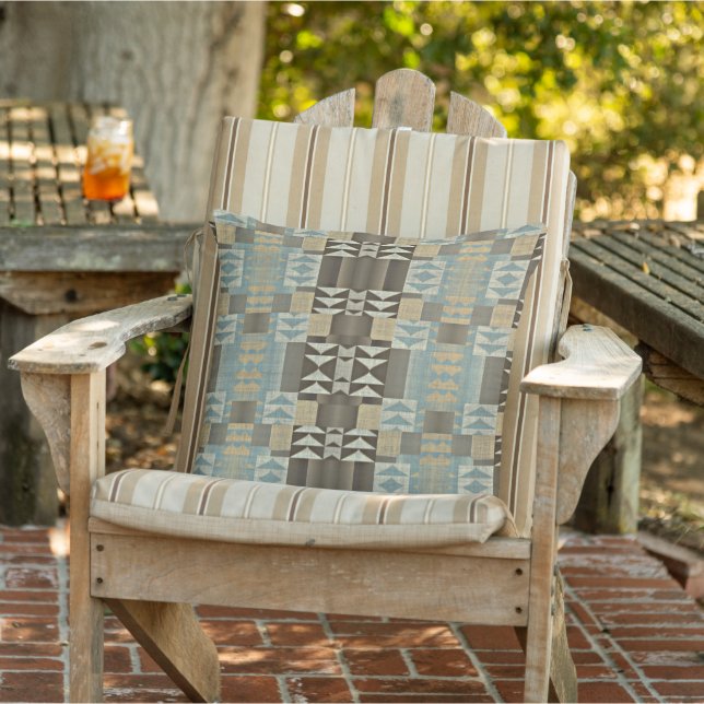 Beige Teal Blue Green Taupe Brown Tribal Art Outdoor Pillow (Chair)