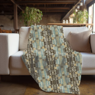 Beige Teal Blue Green Taupe Brown Tribal Pattern Fleece Blanket