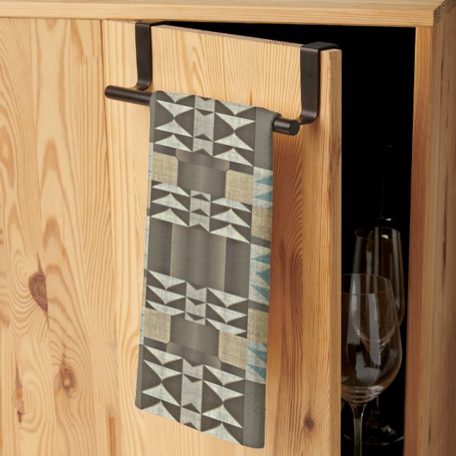 Beige Teal Blue Green Taupe Brown Tribal Pattern Kitchen Towel (Thirds Fold)