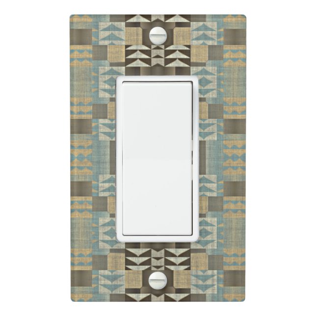 Beige Teal Blue Green Taupe Brown Tribal Pattern Light Switch Cover (In Situ)