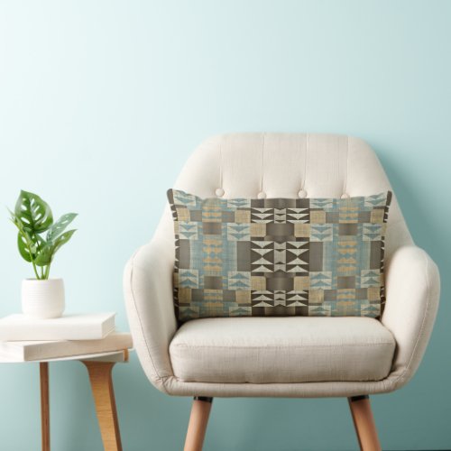 Beige Teal Blue Green Taupe Brown Tribal Pattern Lumbar Pillow