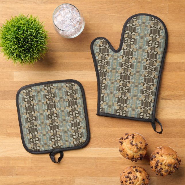 Beige Teal Blue Green Taupe Brown Tribal Pattern Oven Mitt & Pot Holder Set (Top Down)