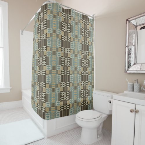 Beige Teal Blue Green Taupe Brown Tribal Pattern Shower Curtain
