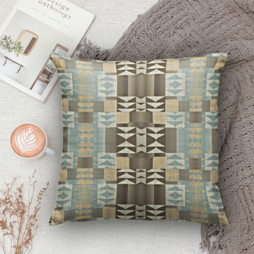 Beige Teal Blue Green Taupe Brown Tribal Pattern Throw Pillow