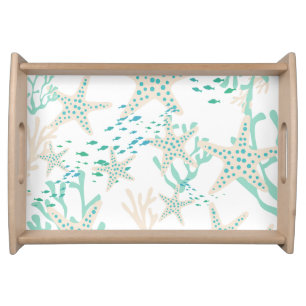 Beige Teal Fish Seashells Starfish Coral Reef Serving Tray