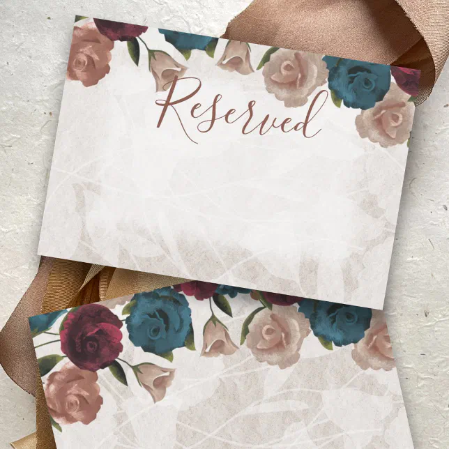 Beige, Teal Green, Burgundy Rose Wedding Reserved Note Card | Zazzle