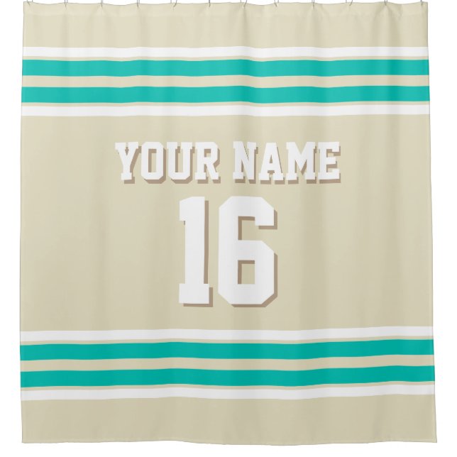 Beige Teal White Stripes Sports Jersey Shower Curtain (Front)