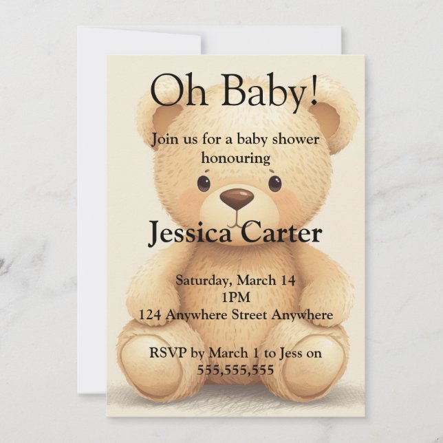 Beige Teddy Bear Gender Neutral Baby Shower  Invitation (Front)