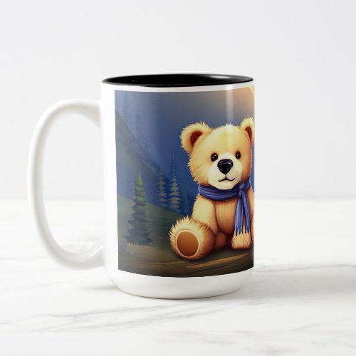 Beige Teddy Bear in Blue Scarf Two_Tone Coffee Mug