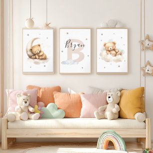 Beige Teddy Bear Nursery Wall Art Set Moon & Cloud