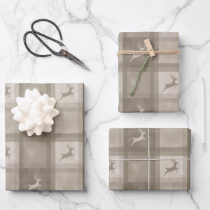 Beige Texture Plaid With Deer Stylish Christmas Wrapping Paper Sheets