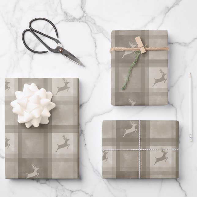 Beige Texture Plaid With Deer Stylish Christmas Wrapping Paper Sheets (Front)