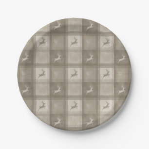 Beige Texture Plaid With Reindeer Christmas Paper Plates