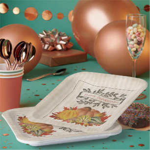 Beige Thanksgiving Pumpkins and Squash Paper Plates
