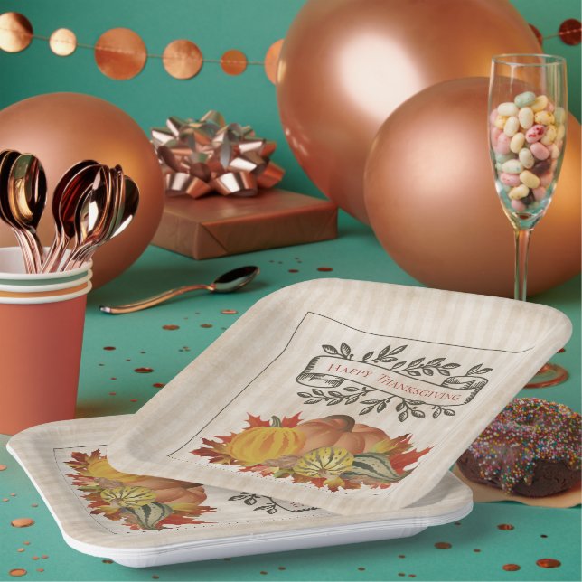 Beige Thanksgiving Pumpkins and Squash Paper Plates (Multi)