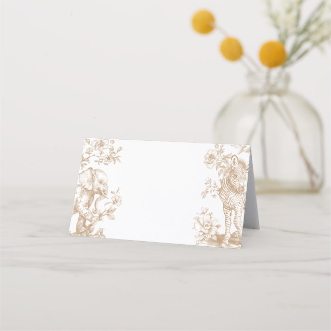 Beige Toile Safari Diaper Raffle Baby Shower Place Card (Front)