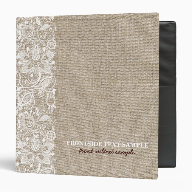 Beige Tones Burlap Linen Look & White Lace Binder (Front/Inside)
