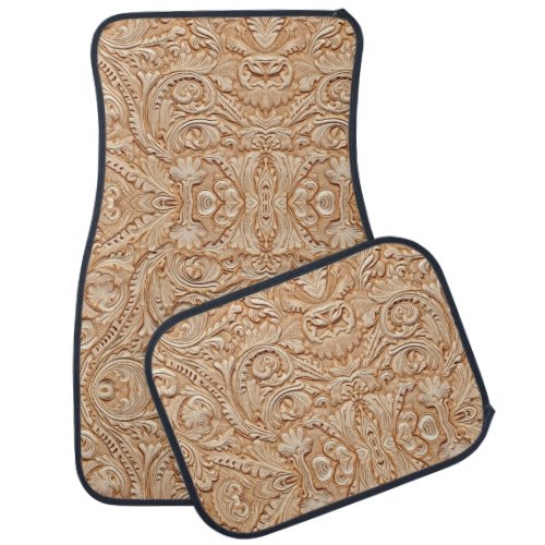 Beige tooled leather car floor mat