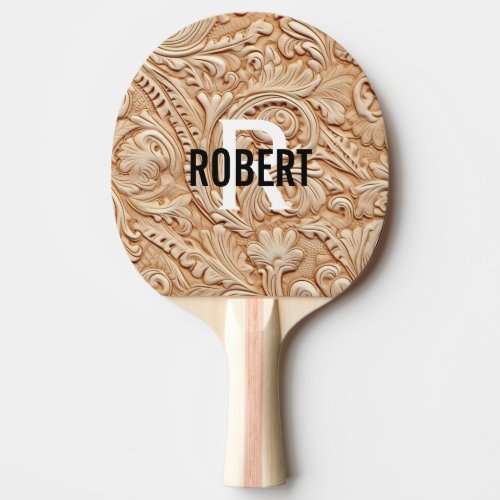 Beige tooled leather monogram name  ping pong paddle