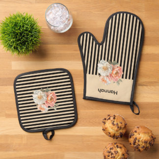 Beige Top with Brown Stripes Floral Oven Mitt & Pot Holder Set