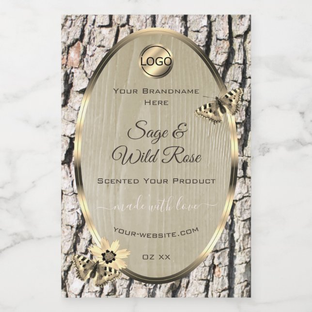 Beige Tree Bark Gold Frame Product Labels Add Logo (Single Label)