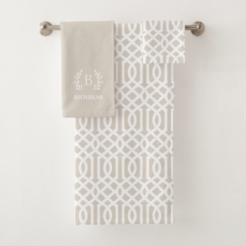 Beige Trellis and Branch Monogram Bath Towel Set
