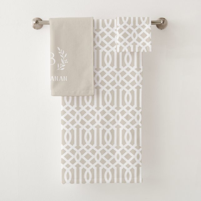 Beige Trellis and Branch Monogram | Farmhouse Bath Towel Set (Insitu)