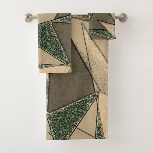 Beige triangular cutout on dark green background bath towel set