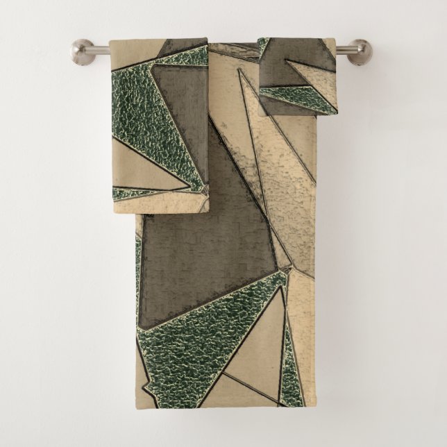 Beige triangular cutout on 'dark green background' bath towel set (Insitu)