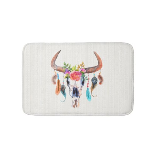 Beige Tribal Pattern And Bull Skull Bath Mat