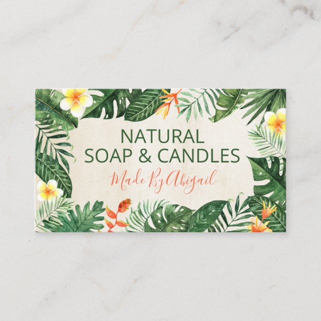 Beige Tropical Leaves Handmade Soap And Candles Business Card (Front)
