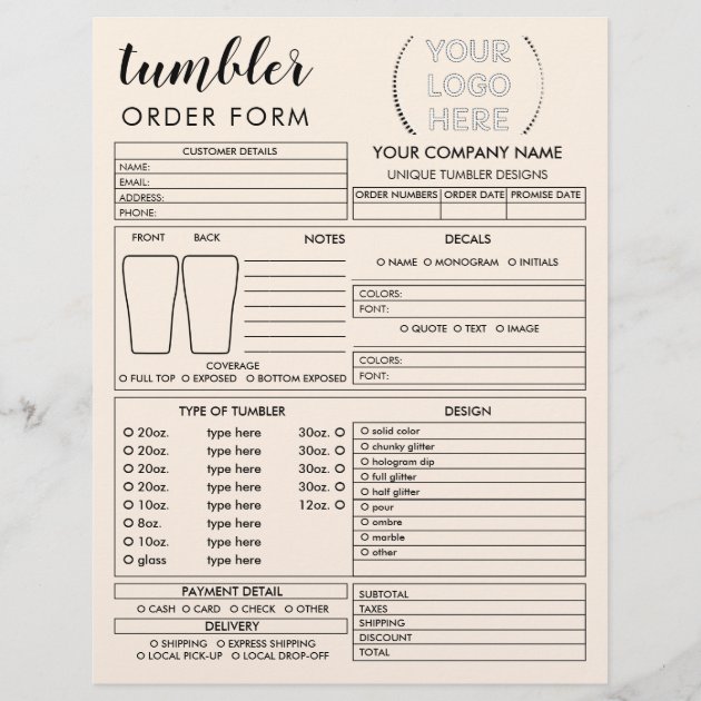 Beige Tumbler Mug Cup Order Form Flyer