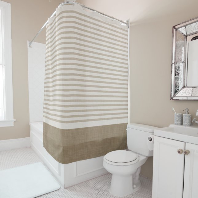 Beige Turkish Stripes | Farmhouse Bathroom Decor Shower Curtain (In Situ)