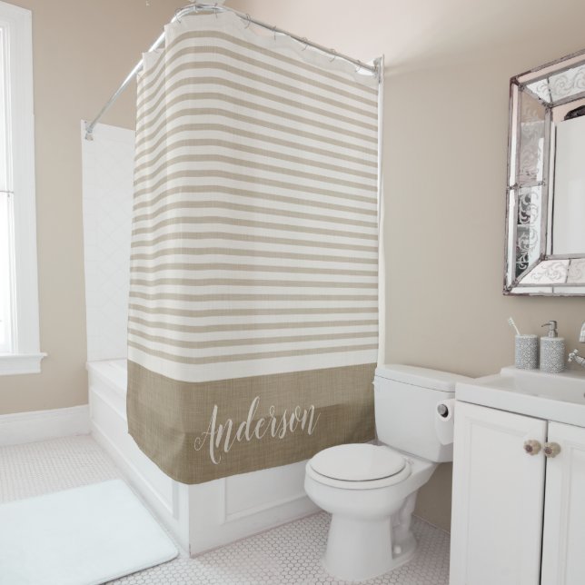 Beige Turkish Stripes Monogram | Farmhouse Bath Shower Curtain (In Situ)