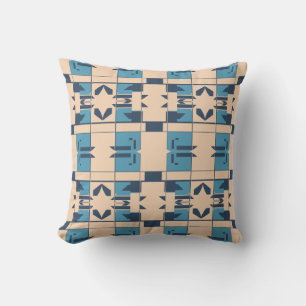 Beige Turquoise Navy Mediterranean Small Mosaics Throw Pillow