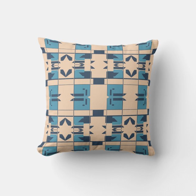 Beige Turquoise Navy Mediterranean Small Mosaics Throw Pillow (Front)