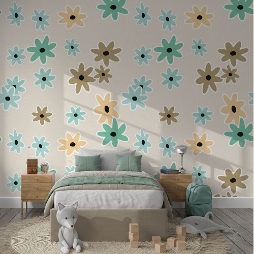 Beige Turquoise Teal Blue Green Flowers Pattern Wallpaper