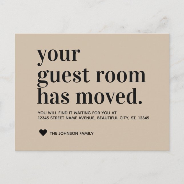 Beige Typography Guest Room Moving Announcement Postcard (Front)