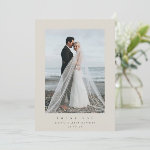 Beige Ultra Minimal Single Photo Wedding Thank You Card