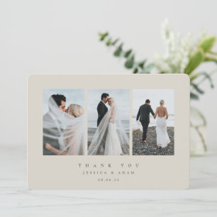 Beige Ultra Minimal Triple Photo Wedding Flat Thank You Card