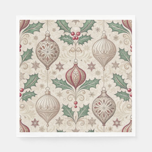 Beige Vintage Bauble Christmas Holiday Napkins (Front)