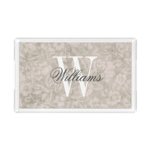 Beige Vintage Floral Print Monogram Acrylic Tray