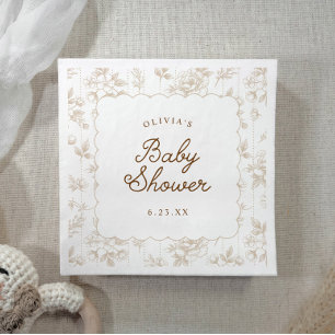 Beige Vintage Floral Toile Scalloped Baby Shower Napkins