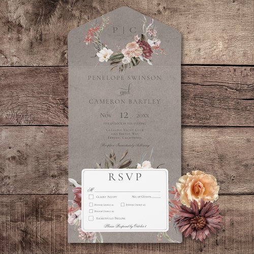 Beige Vintage Floral Wreath Dinner All In One Invitation