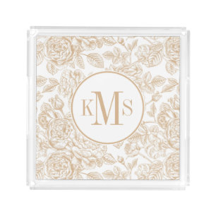 Beige Vintage Rose Flower Pattern Acrylic Tray