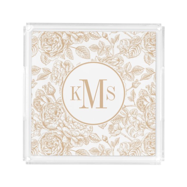 Beige Vintage Rose Flower Pattern Acrylic Tray (Front)