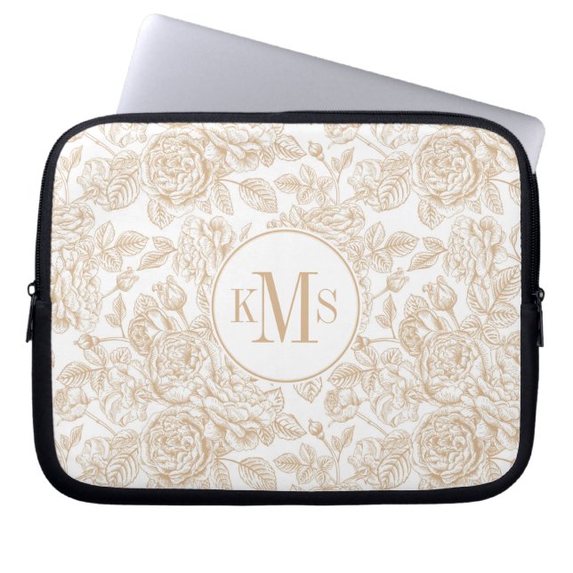 Beige Vintage Rose Flower Pattern Laptop Sleeve (Front)